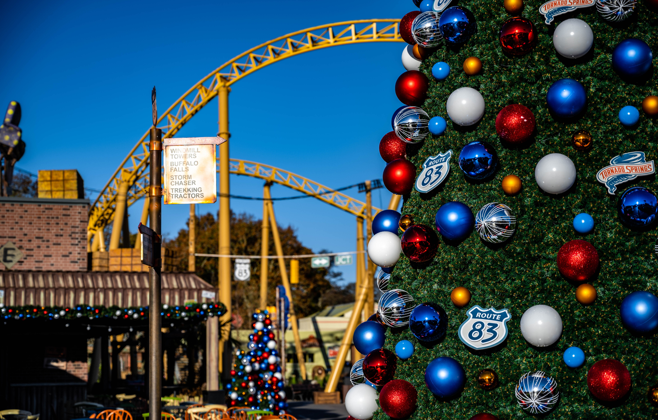 Christmas Tree in front of roller coaster at Paultons Park