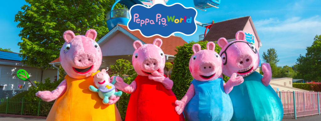Peppa Pig, George, Mummy Pig and Daddy Pig characters at Peppa Pig World